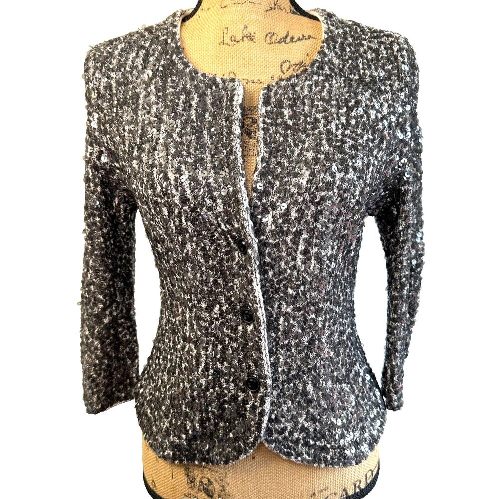 Etcetera Sequin Knit Gray 100% Cotton 3/4 Sleeve Sparkle Cardigan Jacket Sz M